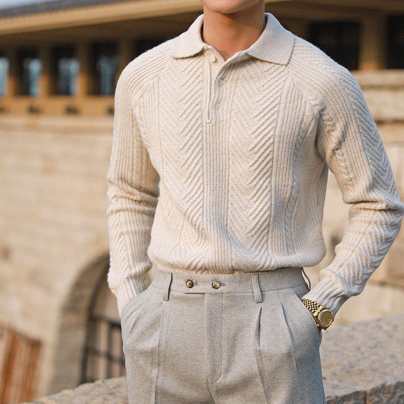 Geometric Patten Knitted Long Sleeve Polo Shirt