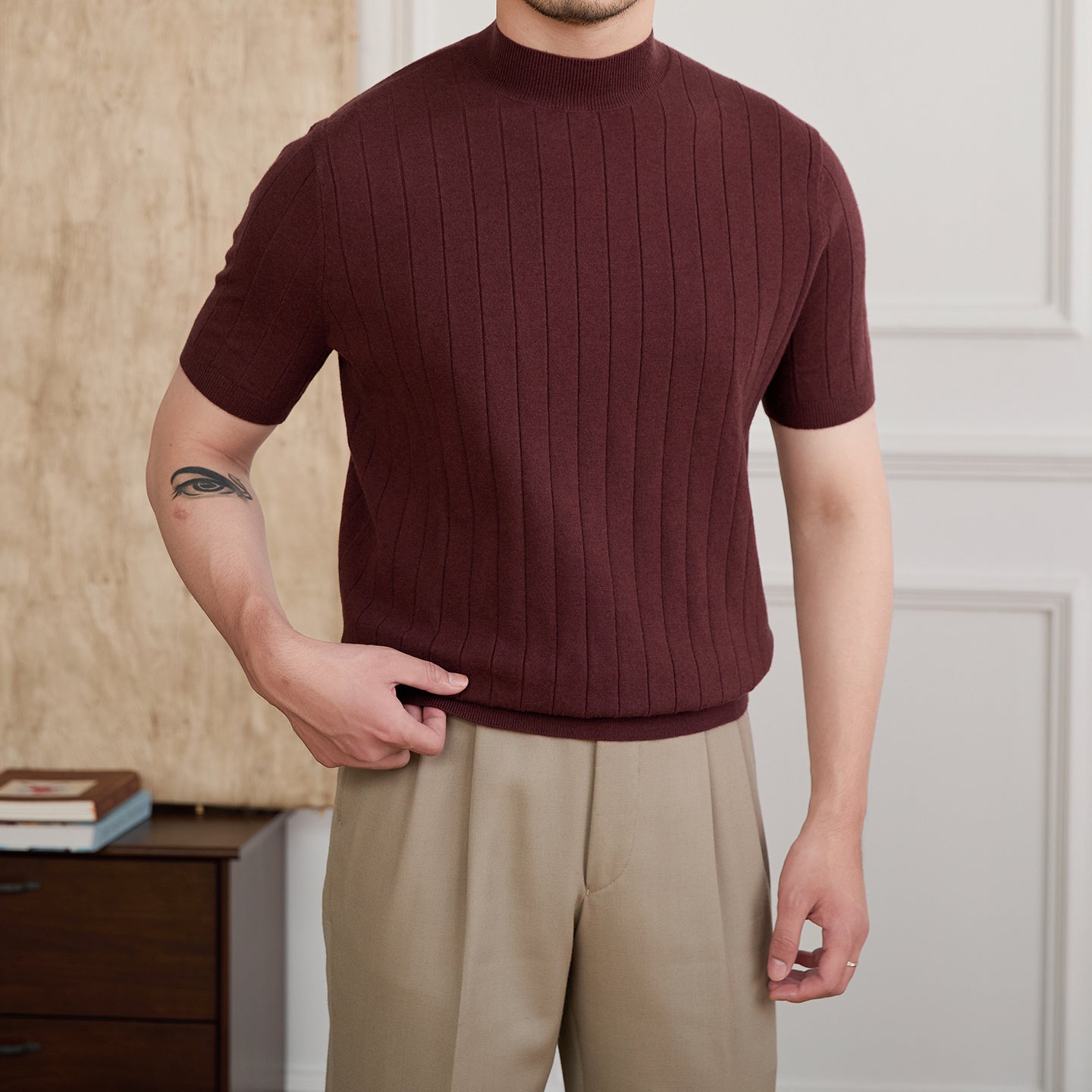Tokyo Mockneck Pleated Knit Wool Blend T-Shirt