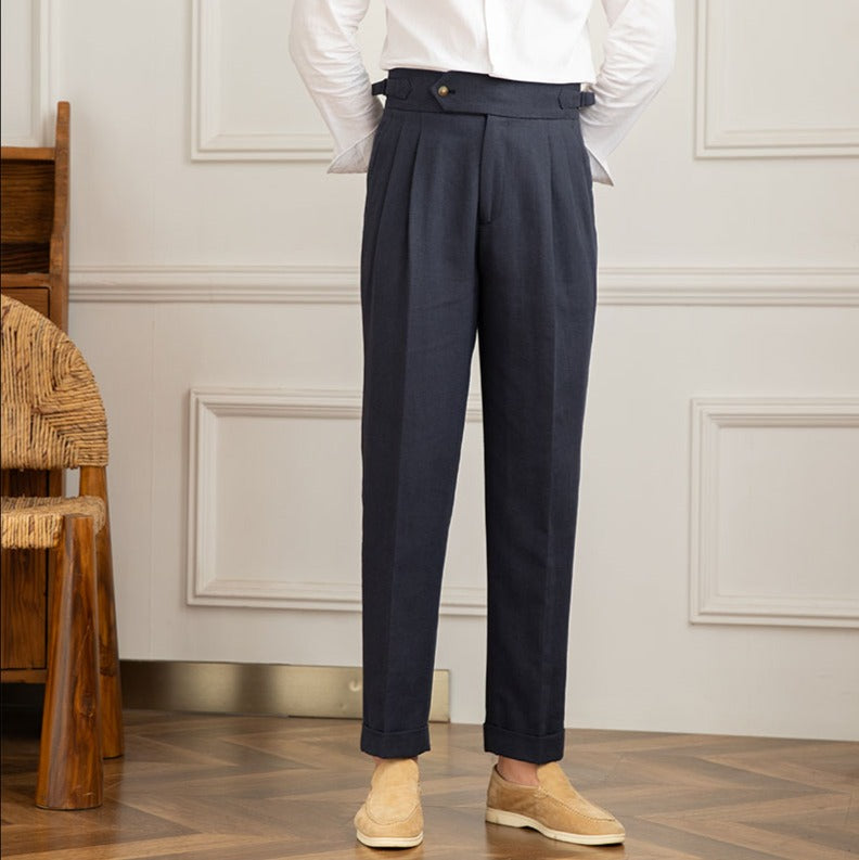Casino Royale Linen Blend Double Pleated Straight Fit Trousers