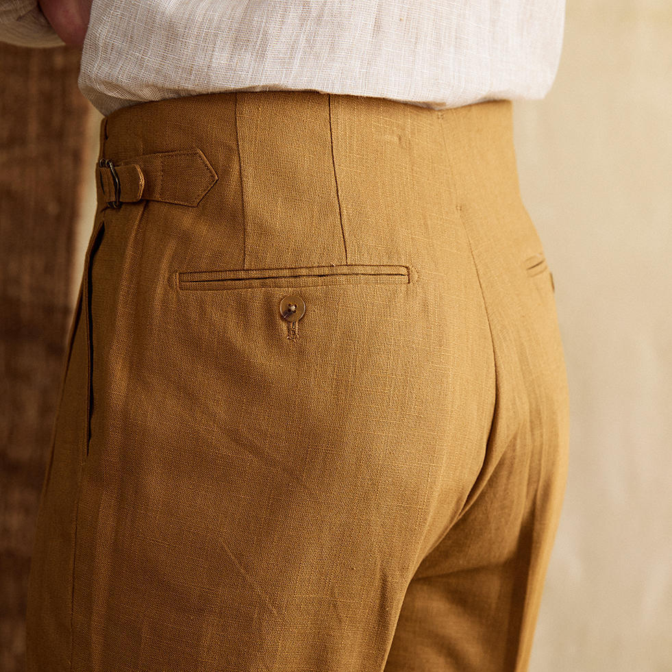 Semplice Linen Blend Double Pleated Straight Fit Trousers
