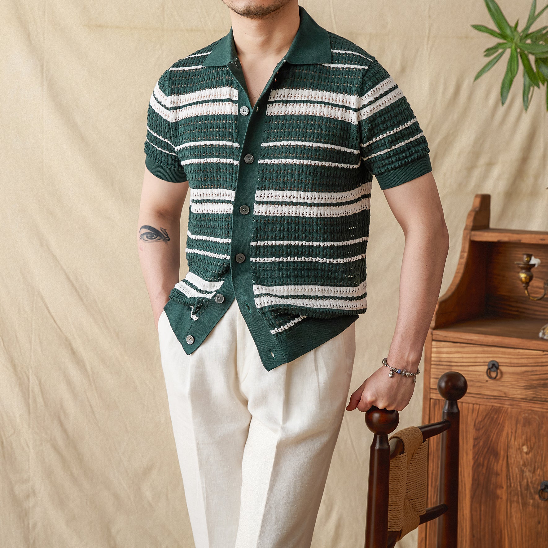 Beaune Cotton Jacquard Knitted Short Sleeve Shirt