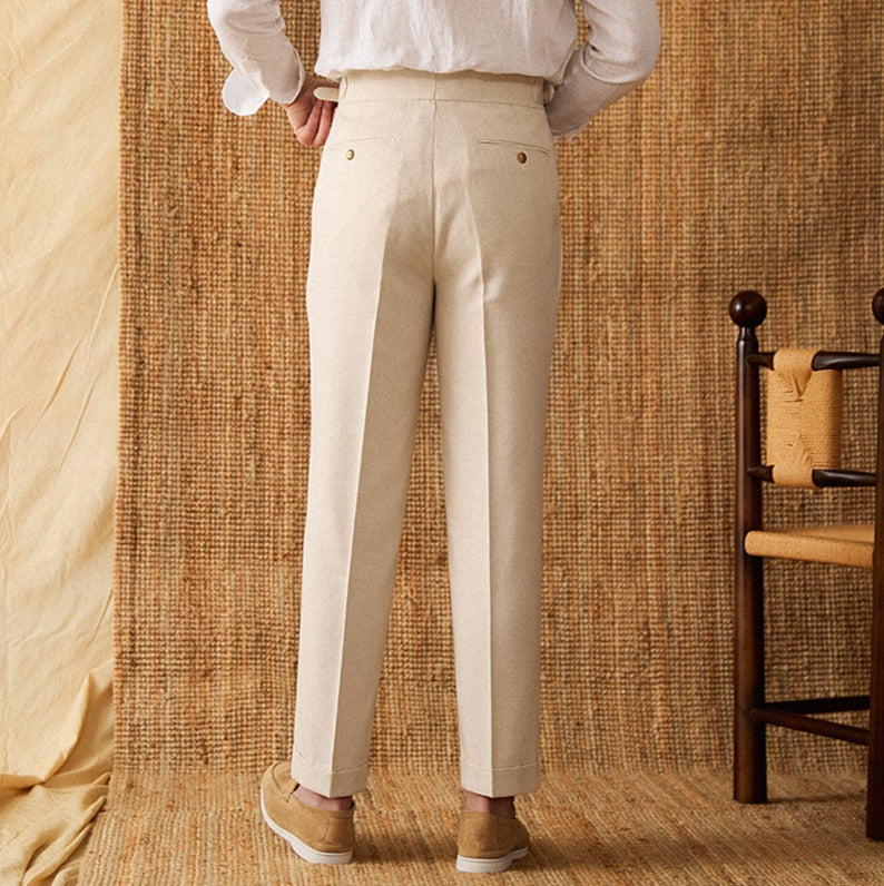 Monaco Linen Double Pleated Straight Fit Trousers