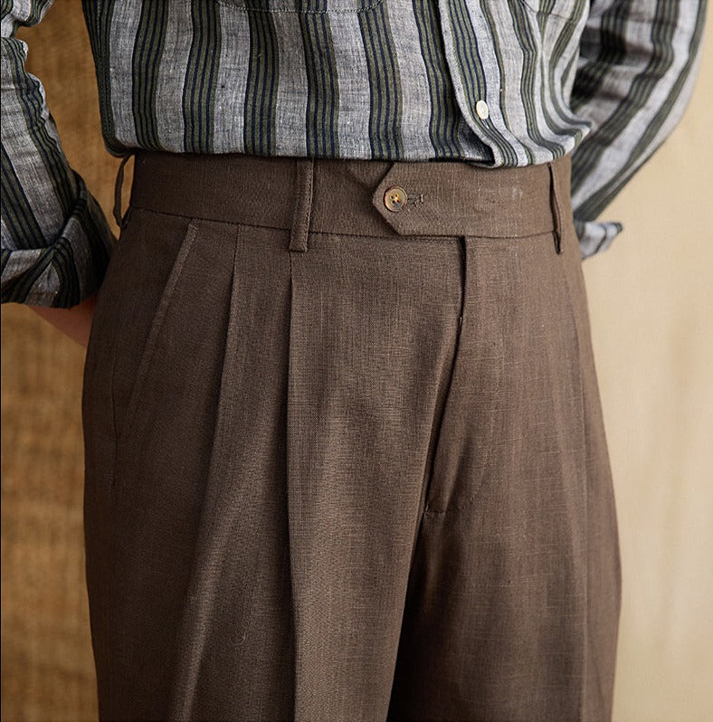 Bergamo Cotton Linen Blend Double Pleated Straight Fit Trousers