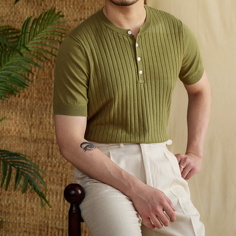 Ribbed Pleated Knit Henley T-Shirt