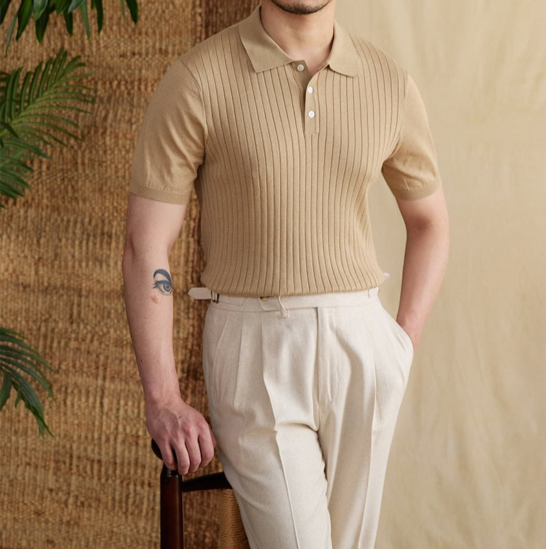 Athens Ribbed Pleated Knit Polo Shirt