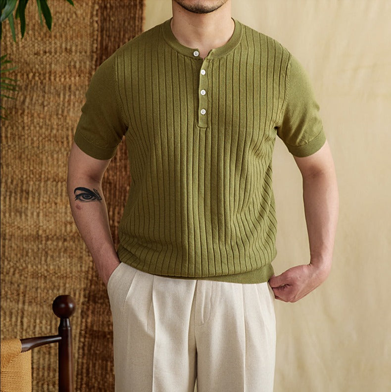 Ribbed Pleated Knit Henley T-Shirt