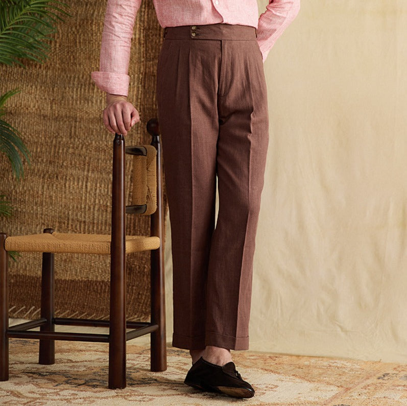 Portofino Linen Double Pleated Straight Fit Trousers