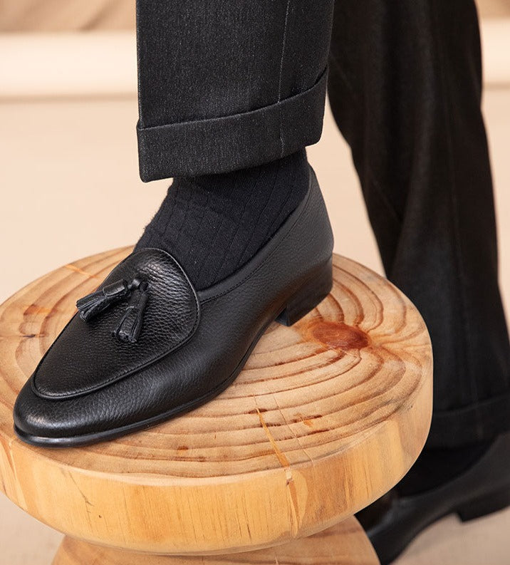 Tassel Pebble Grain Leather Belgian Loafers
