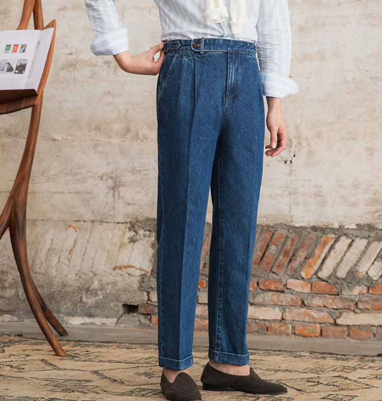Barcelona Cotton Pleated Straight Fit Denim Trousers