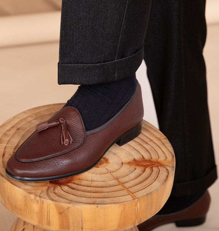Tassel Pebble Grain Leather Belgian Loafers