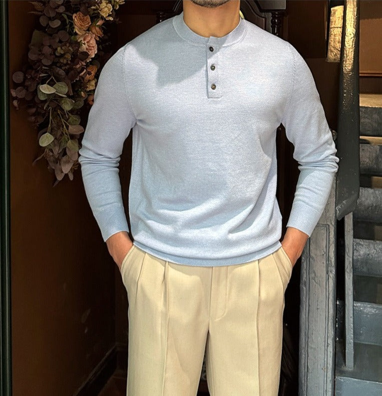 Slim-Fit Henley Knitted Long Sleeve T-Shirt