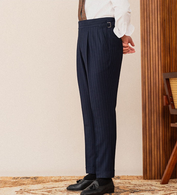 Wall Street Pinstripe Double Pleated Straight Fit Trousers