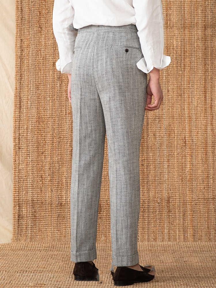 New York Cotton Linen Herringbone Straight Fit Pleated Trousers