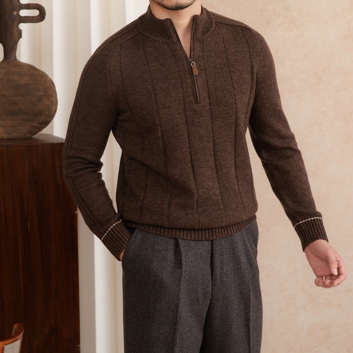 Amsterdam Wool Blend Long Sleeve Half Zip Jumper