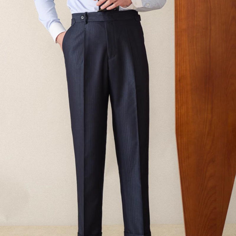 Lazio Herringbone Striped Straight Fit Pleated Trousers