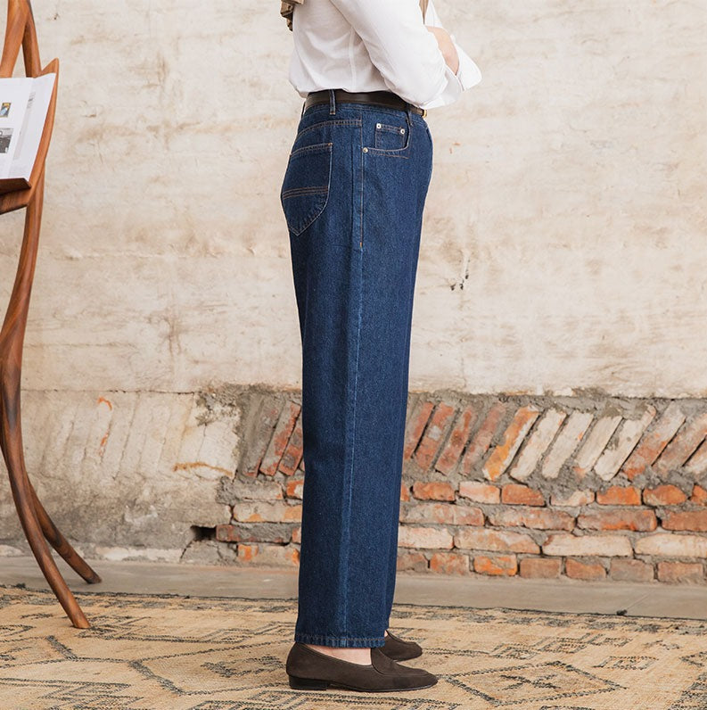 Paris Cotton Pleated Straight Fit Denim Trousers