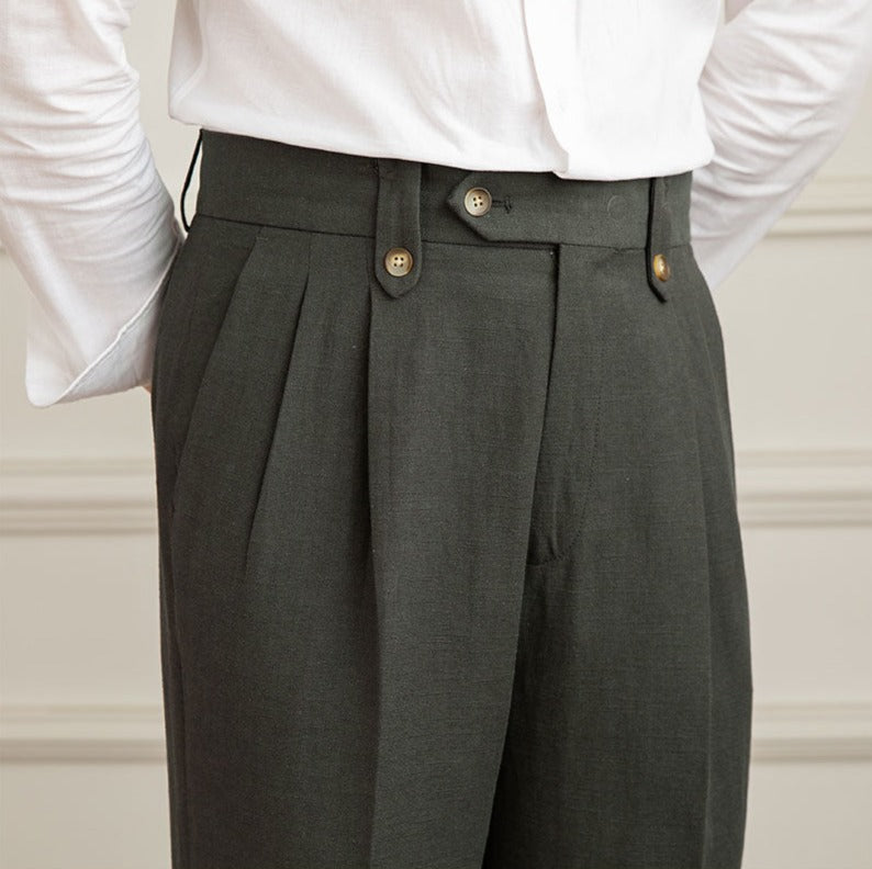 Roma Linen Blend Double Pleated Straight Fit Trousers