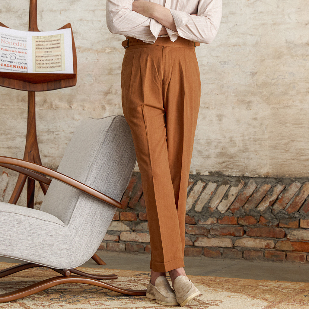 Napolitana Linen Blend Double Pleated Straight Fit Trousers