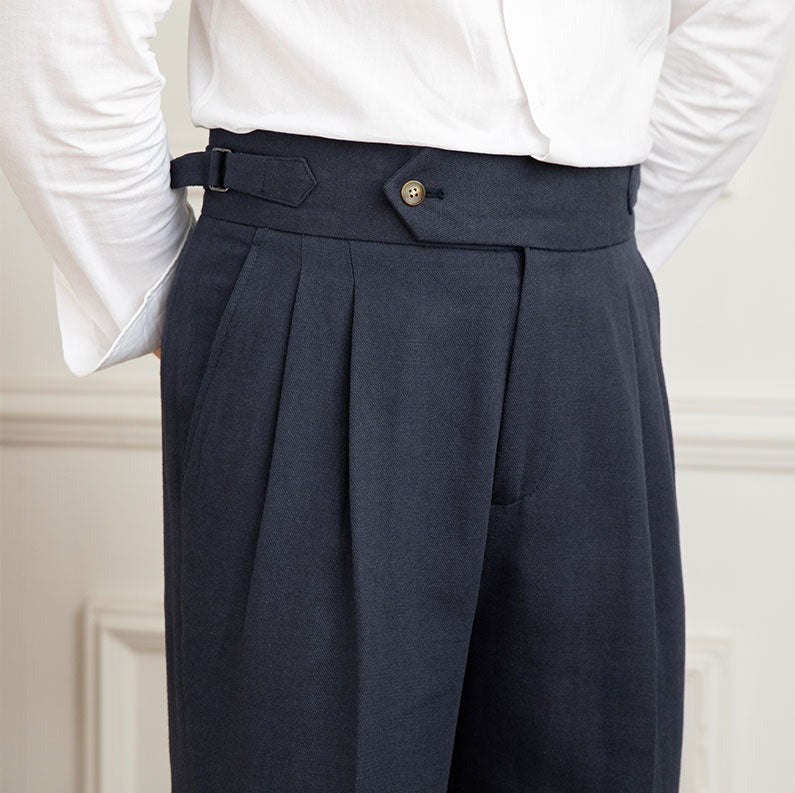 Casino Royale Linen Blend Double Pleated Straight Fit Trousers