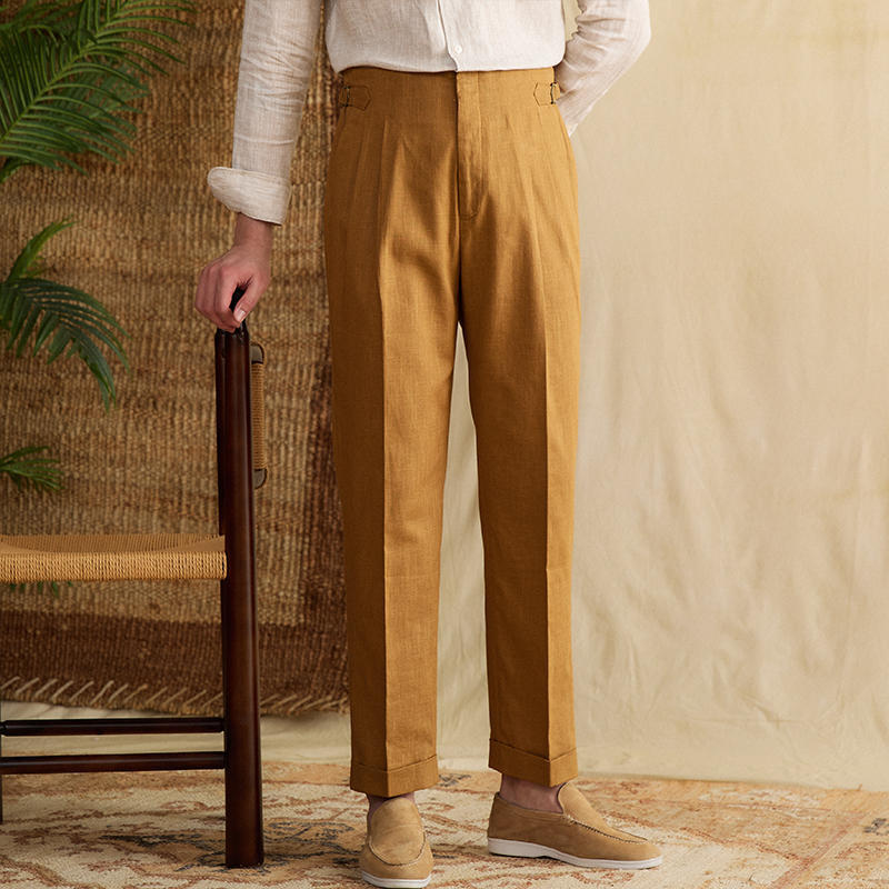 Semplice Linen Blend Double Pleated Straight Fit Trousers