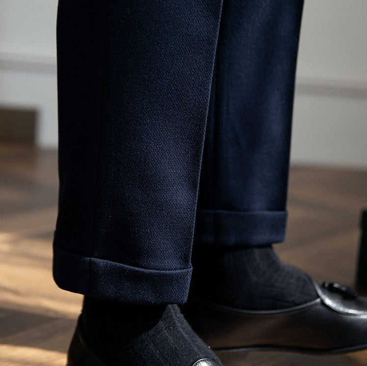 London Wool Blend Textured Double Pleated Trousers
