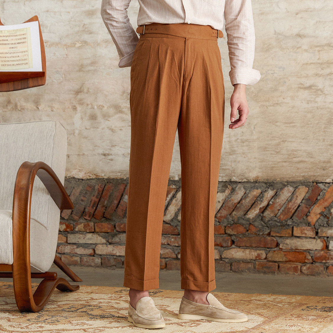 Napolitana Linen Blend Double Pleated Straight Fit Trousers