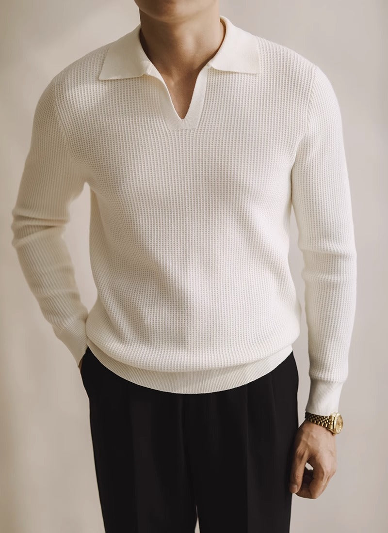 Textured Buttonless Knit Long Sleeve Polo Shirt