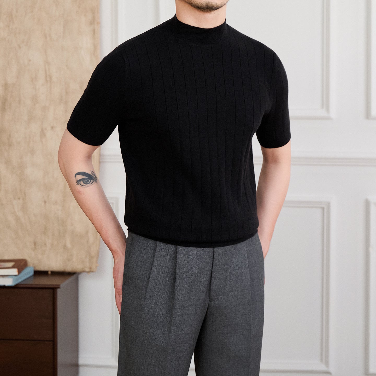 Tokyo Mockneck Pleated Knit Wool Blend T-Shirt
