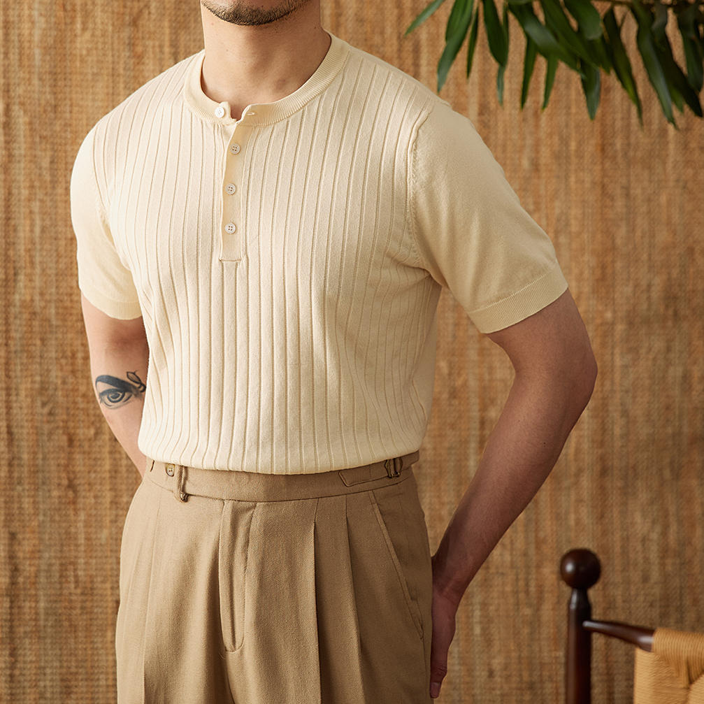 Ribbed Pleated Knit Henley T-Shirt