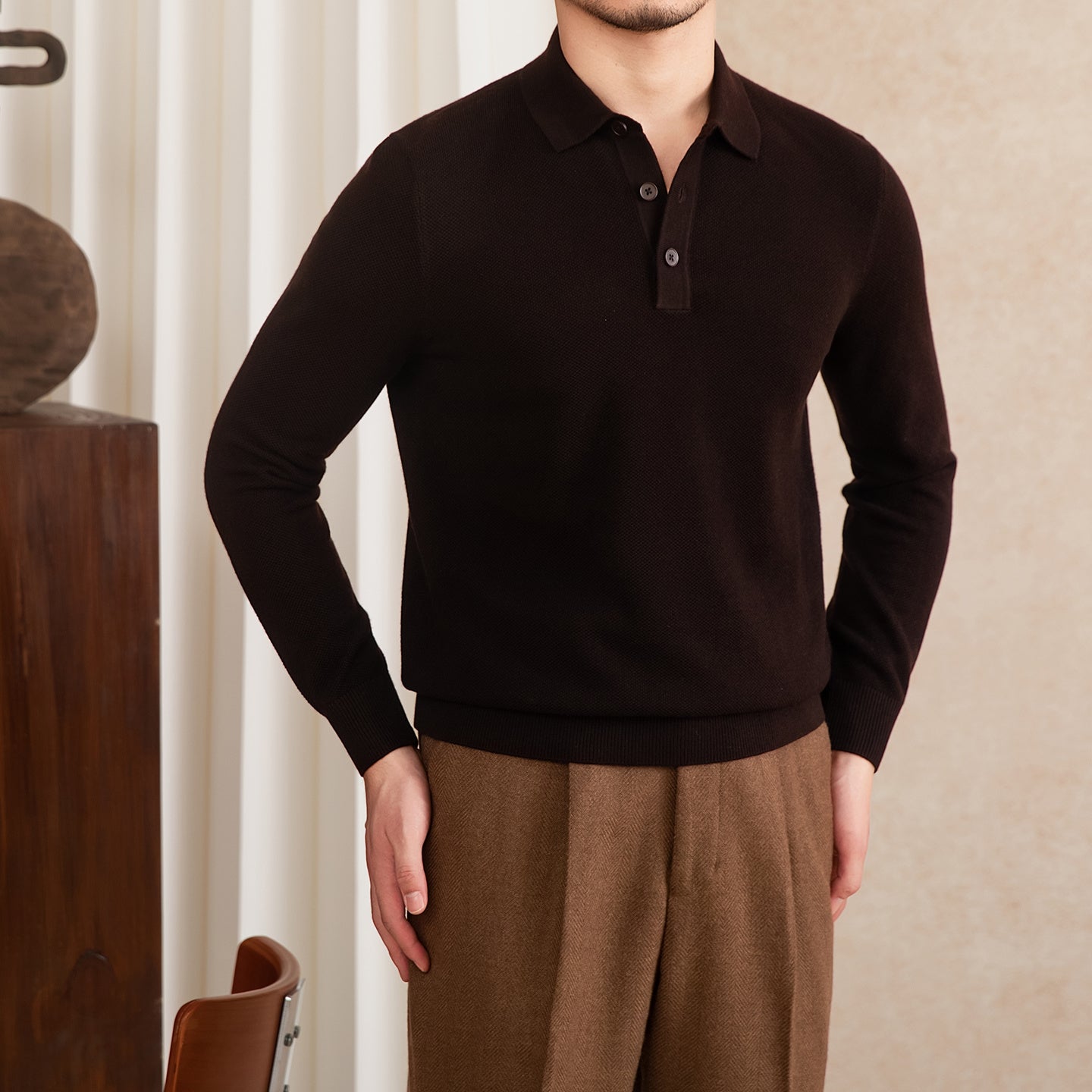 Roma Wool Blend Long Sleeve Polo Shirt