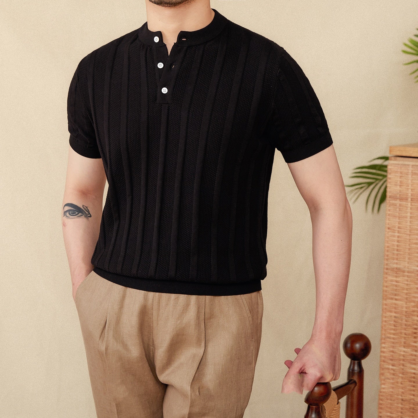 Pleated Antalya Cotton Henley T-Shirt