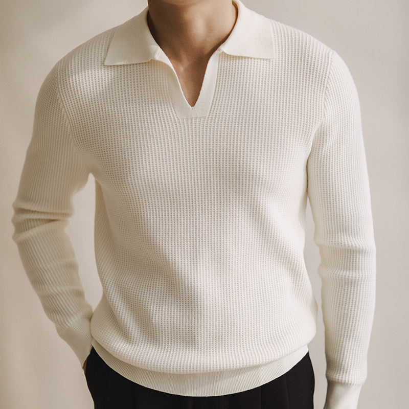 Textured Buttonless Knit Long Sleeve Polo Shirt