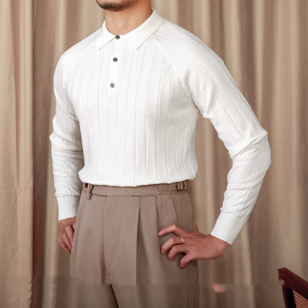 Rome Pleated Wool Silk Blend Long Sleeve Polo Shirt