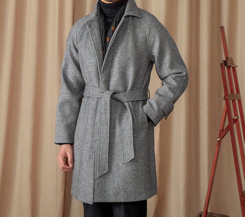 Preugia Belted Herringbone Wool Blend Coat