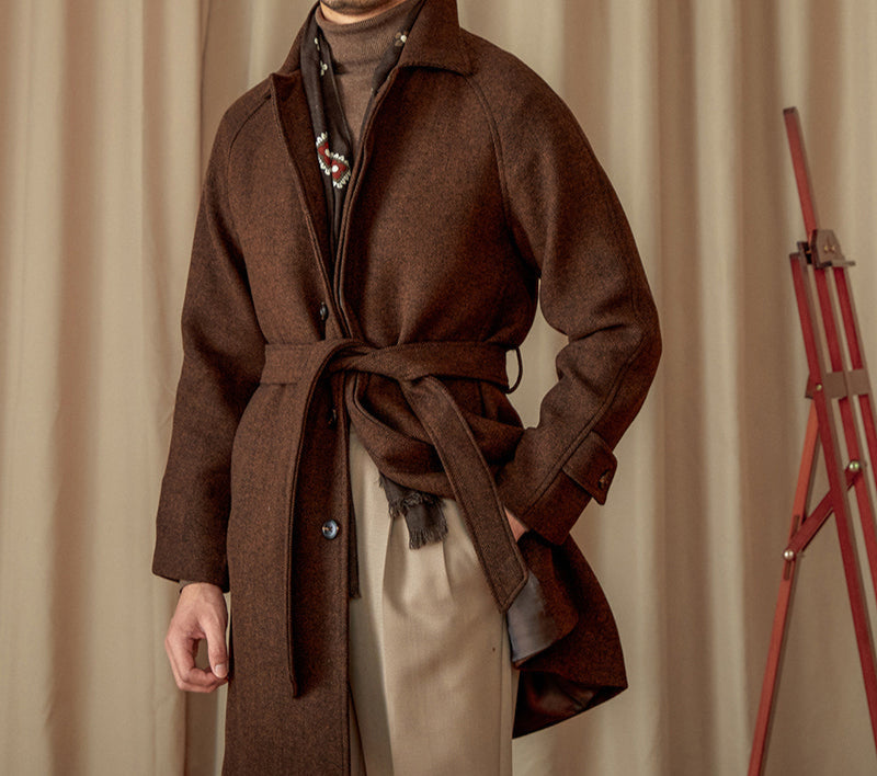 Preugia Belted Herringbone Wool Blend Coat