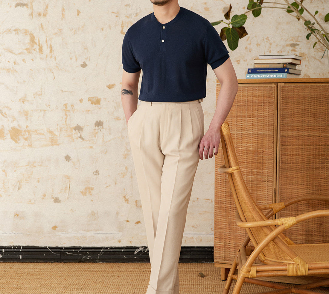 Linen Blend Henley Knit Short Sleeve T Shirt