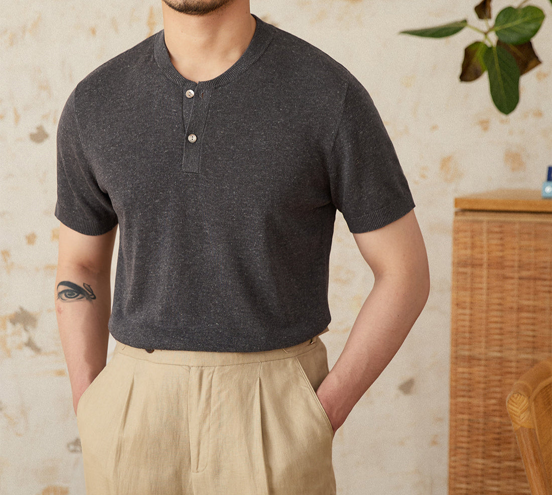 Linen Blend Henley Knit Short Sleeve T Shirt