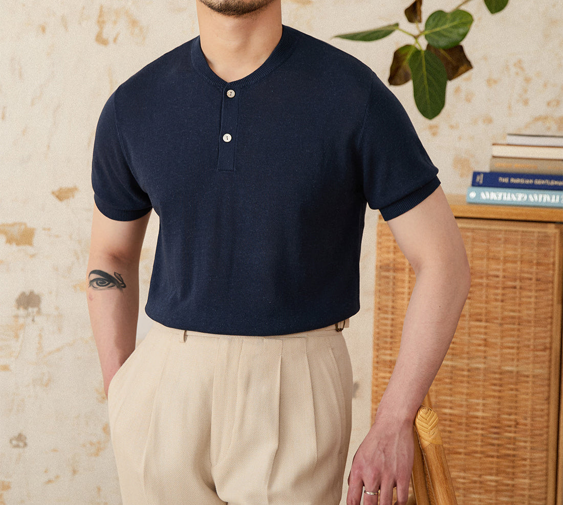 Linen Blend Henley Knit Short Sleeve T Shirt
