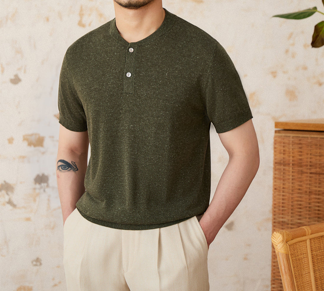 Linen Blend Henley Knit Short Sleeve T Shirt