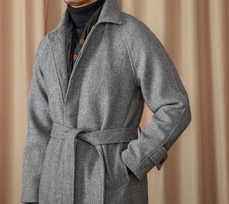 Preugia Belted Herringbone Wool Blend Coat