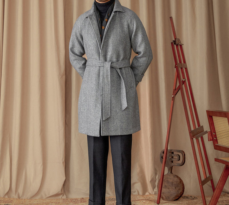 Preugia Belted Herringbone Wool Blend Coat