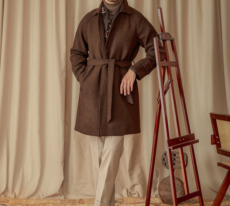 Preugia Belted Herringbone Wool Blend Coat