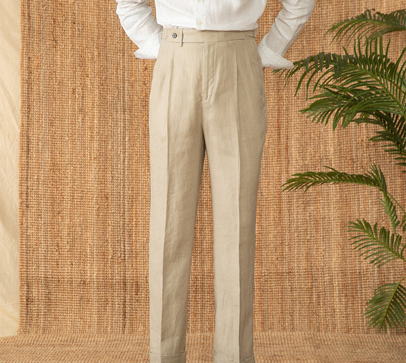 St. Julian Linen Straight Fit Pleated Trousers