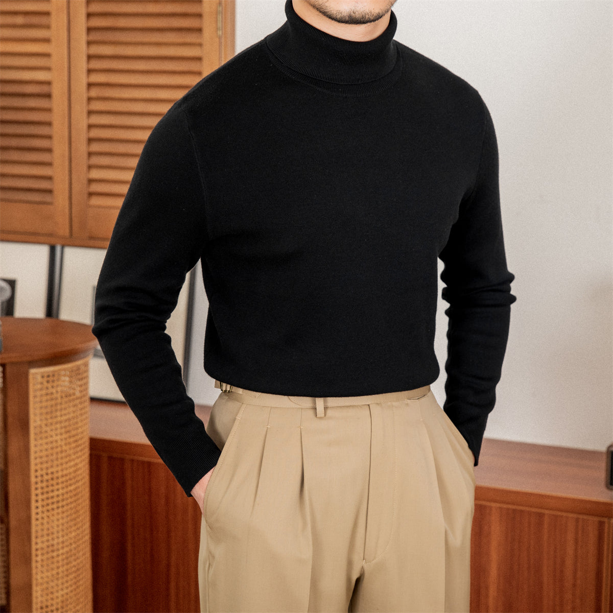 Slim Fit Wool Blend Knit Turtle Neck
