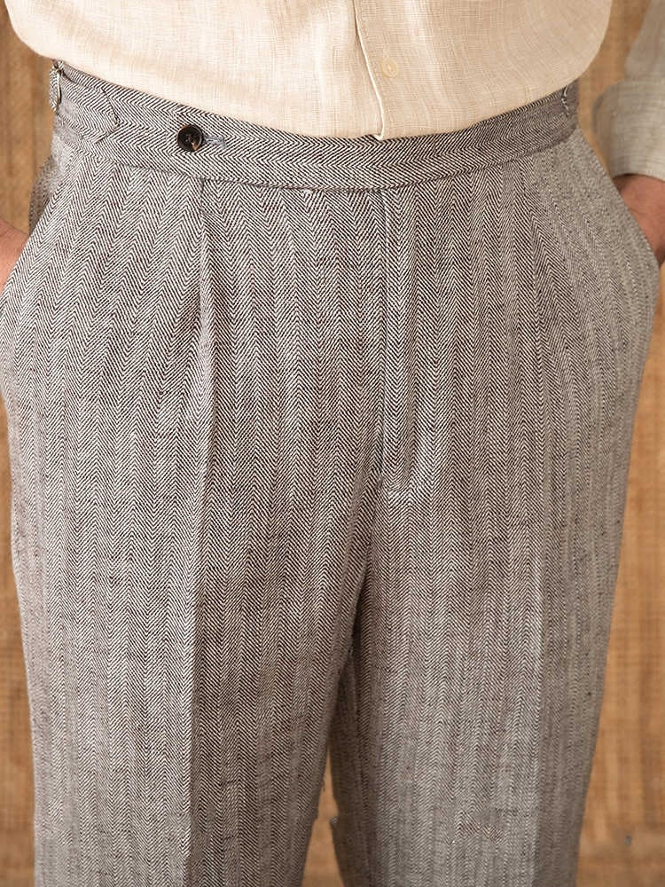 New York Cotton Linen Herringbone Straight Fit Pleated Trousers