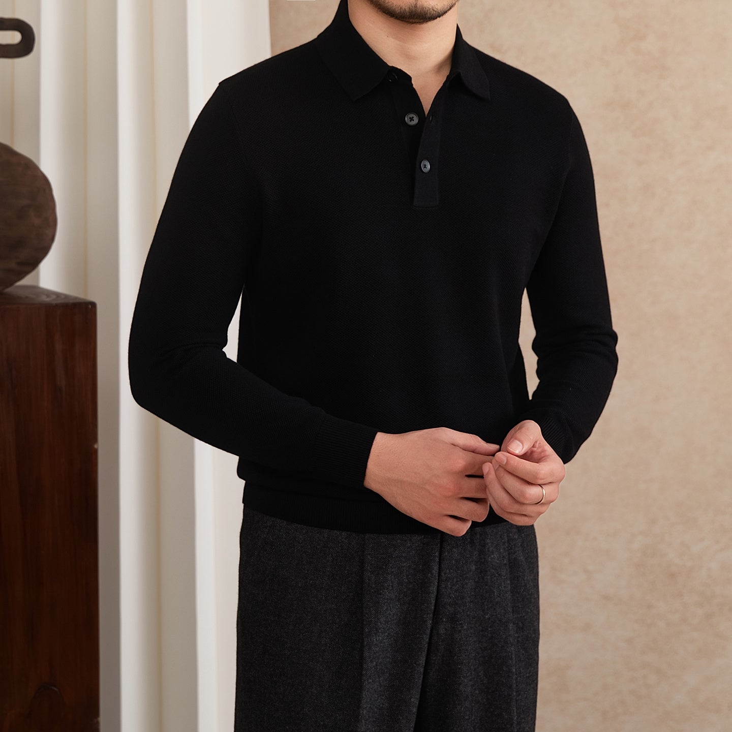 Roma Wool Blend Long Sleeve Polo Shirt