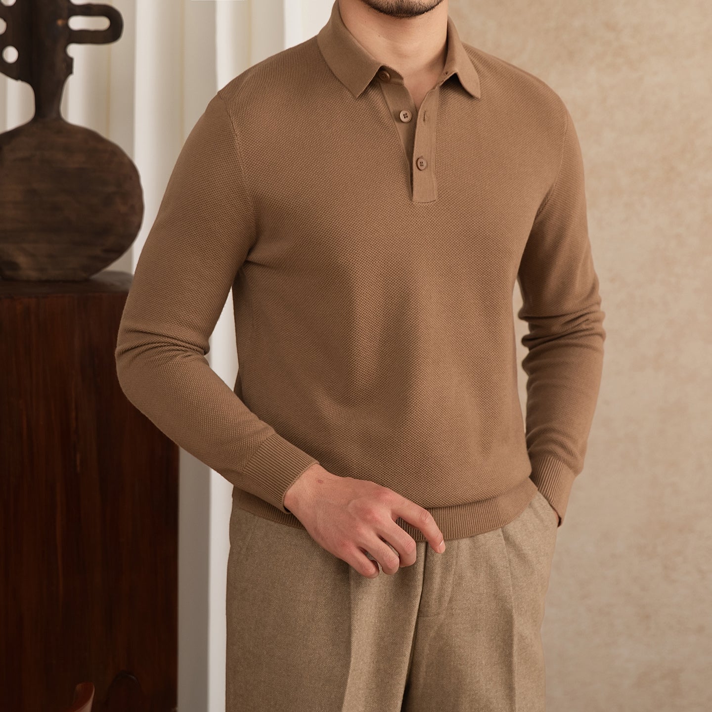 Roma Wool Blend Long Sleeve Polo Shirt