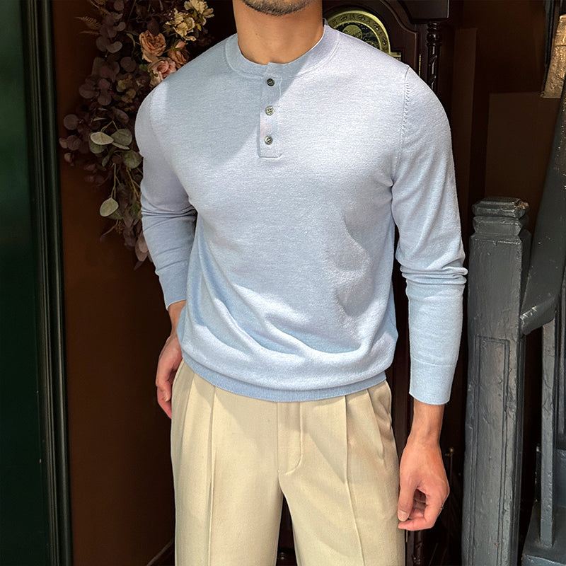 Slim-Fit Henley Knitted Long Sleeve T-Shirt