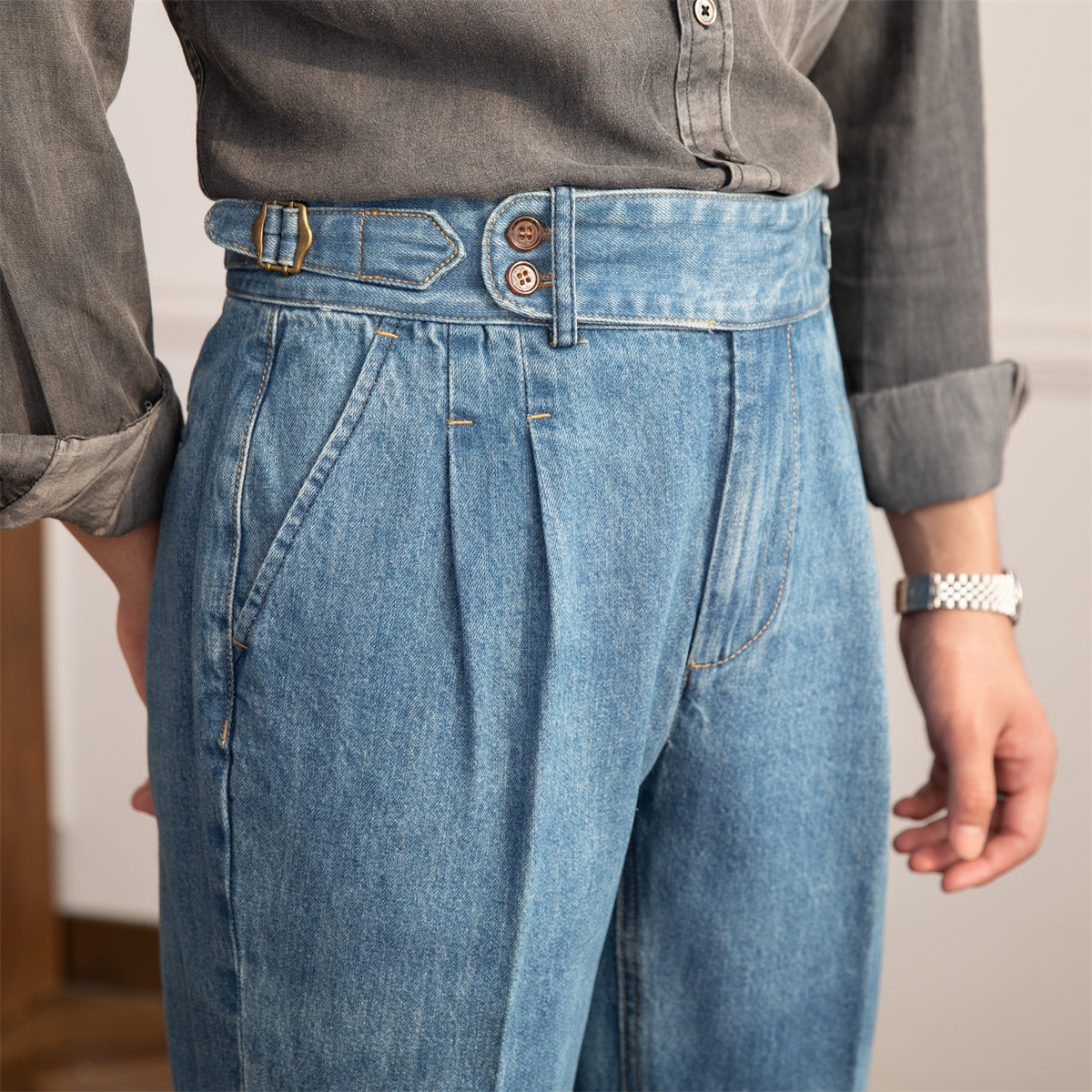 Denim Lorenzo Vintage Pleated Straight Fit Trousers