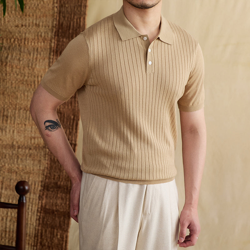 Athens Ribbed Pleated Knit Polo Shirt